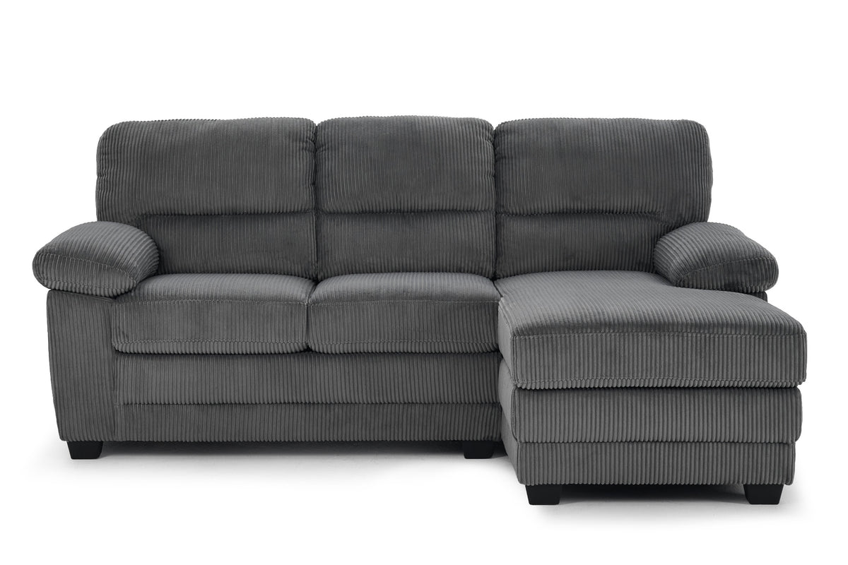 l-shaped sofa with right hand facing chaise section, upholstered in grey jumbo cord with wooden legs, front.