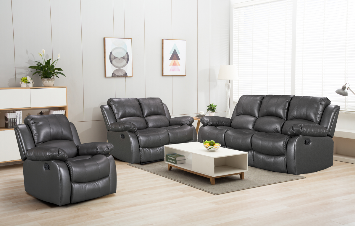 Faux Leather Grey 3 + 2 + 1 Seater Manual Recliner Sofa Set VALENCIA