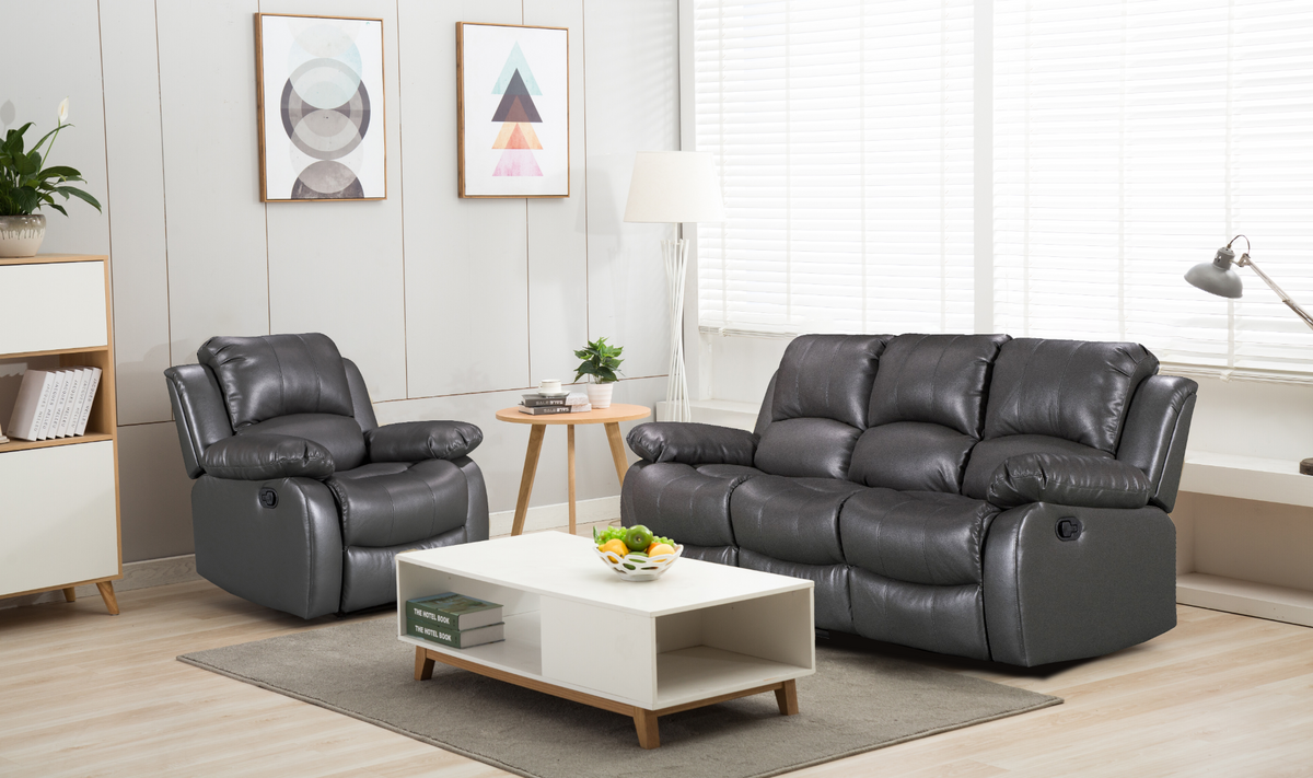 Faux Leather Grey 3 + 1 Seater Manual Recliner Sofa Set VALENCIA