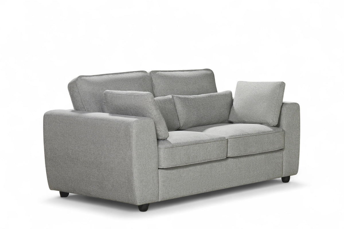 light grey 2 seater sofa upholstered in soft light grey chenille fabric with fixed back cushions and additional accent cushions