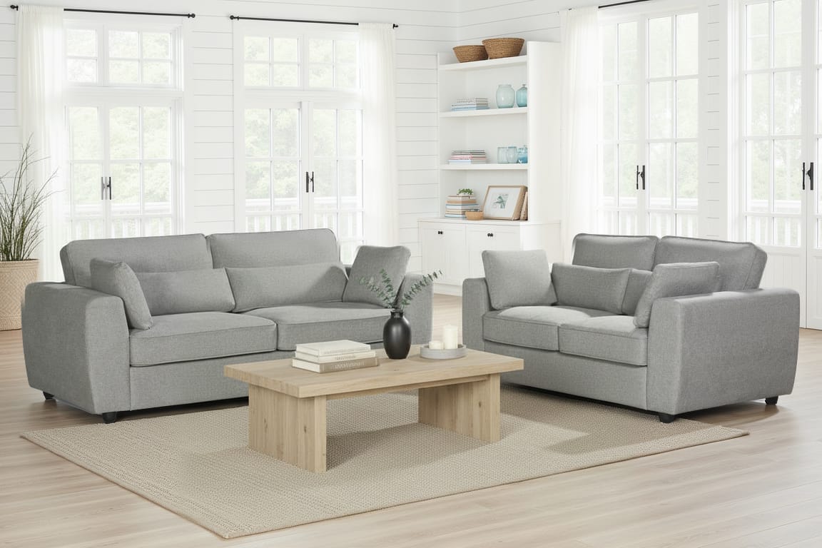 light grey chenille 3 seater sofa and 2 seater sofa set with bolster cushions and accent cushions