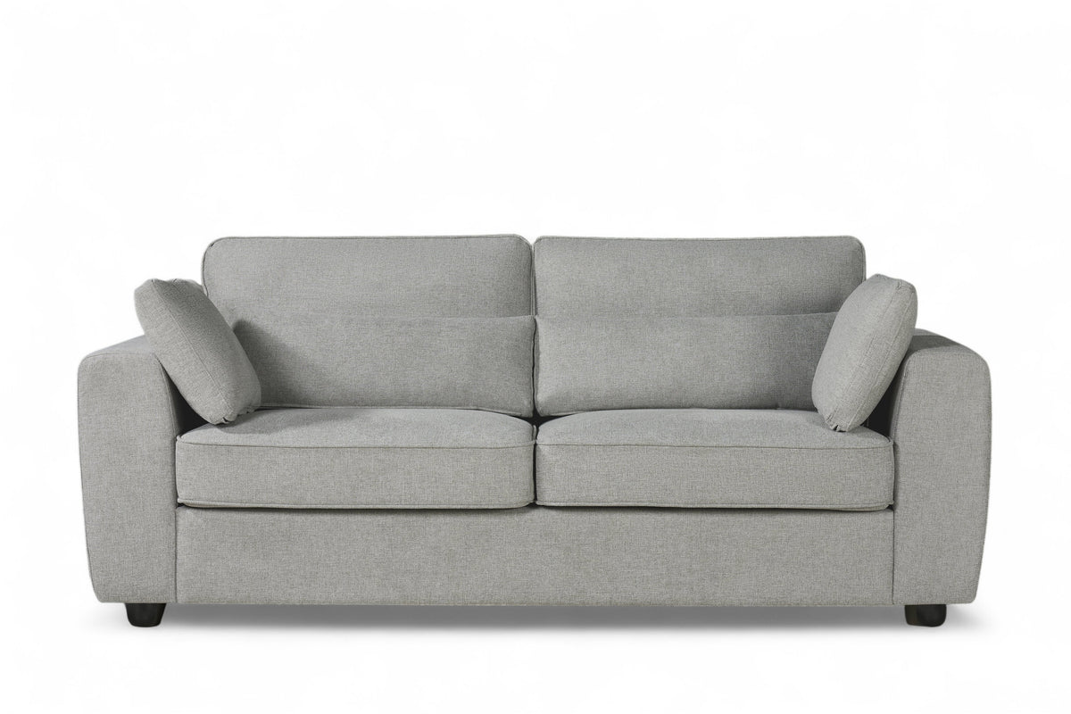 light grey chenille 3 seater sofa with two bolster cushions and two accent cushions