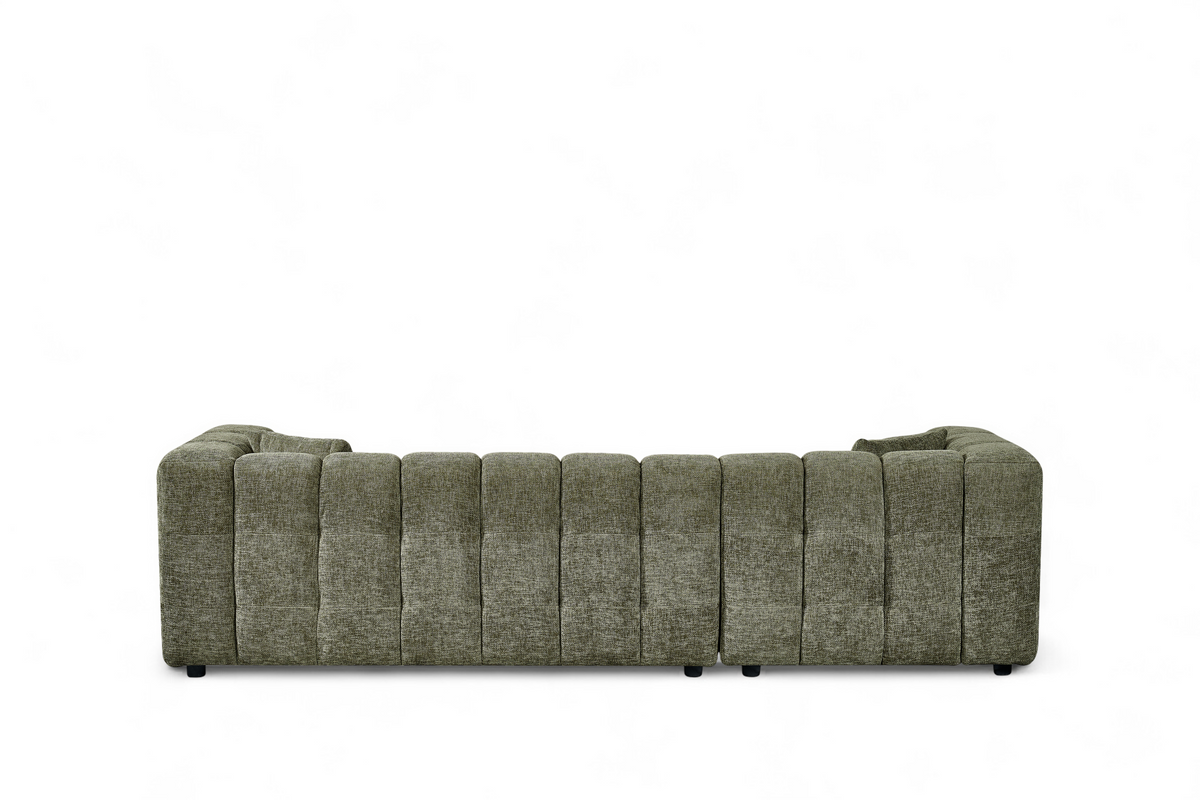 An L-shaped tufted sofa with left hand facing chaise end section, upholstered in textured sage green chenille fabric