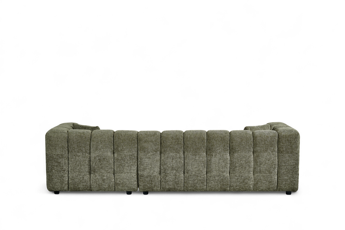 An L-shaped tufted sofa with right hand facing chaise end section, upholstered in textured sage green chenille fabric