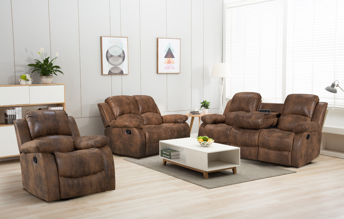 Faux Leather Suede Brown 3 + 2 + 1 Seater Manual Recliner Sofa Set VALENCIA