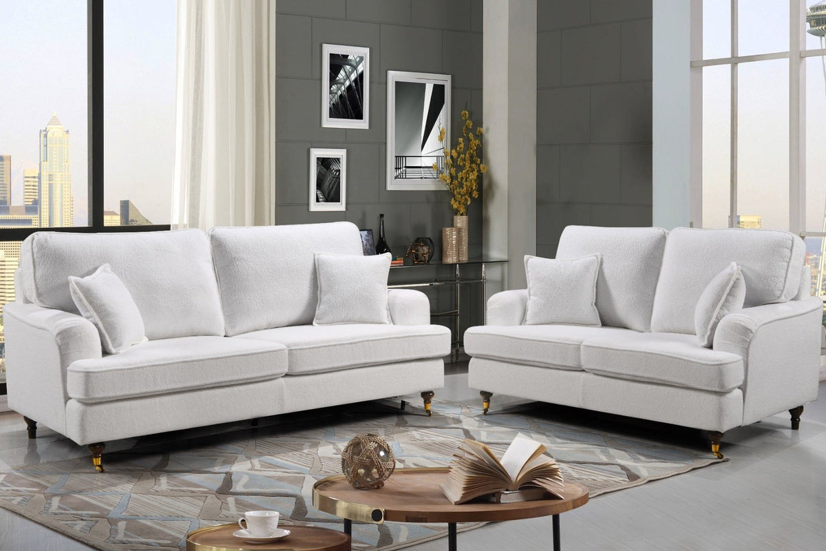 Teddy Boucle Fabric White 2 Seater Bella Sofa with Plain Cushions ASTBURY