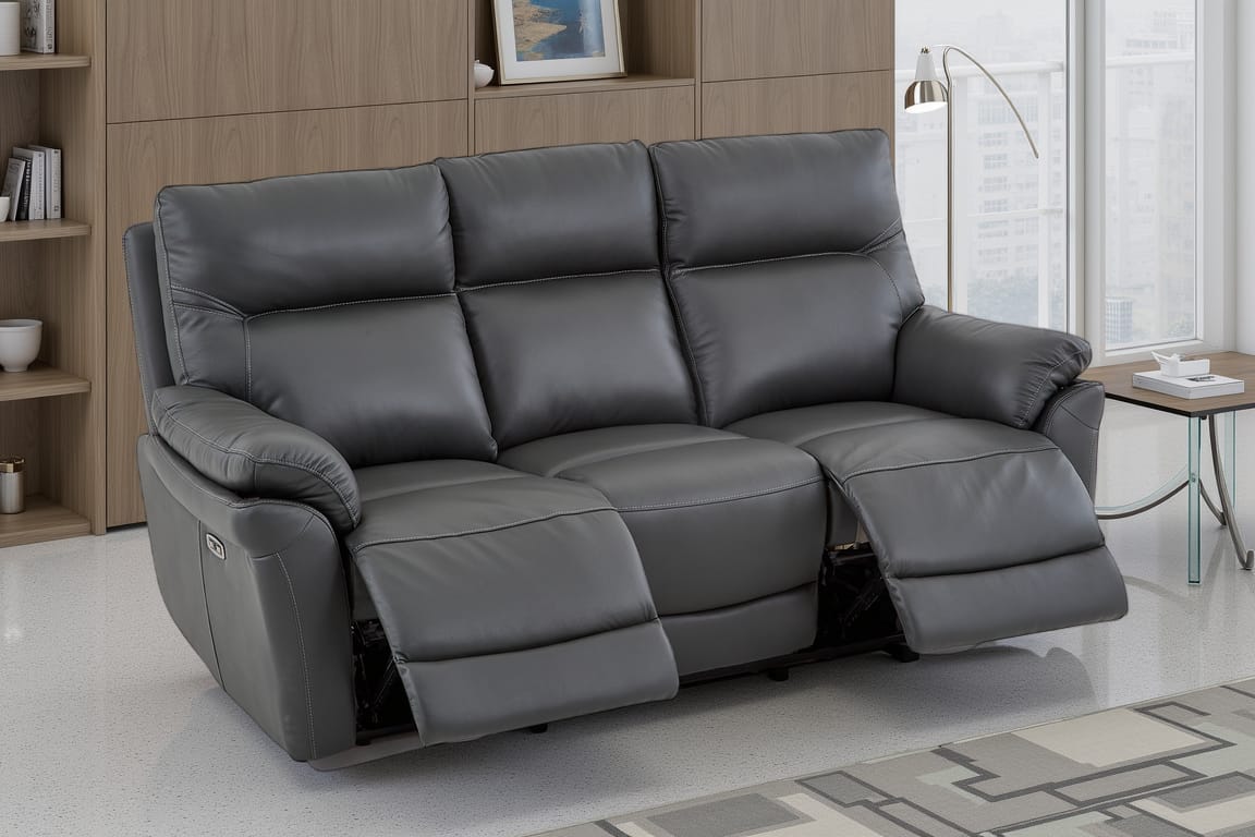 Dark Grey Leather Electric 3 Seater Recliner Sofa CINECITTA