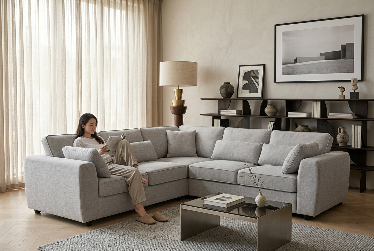 Dark Grey Chenille Fabric Right Hand Facing Chaise Corner Sofa ALFIE