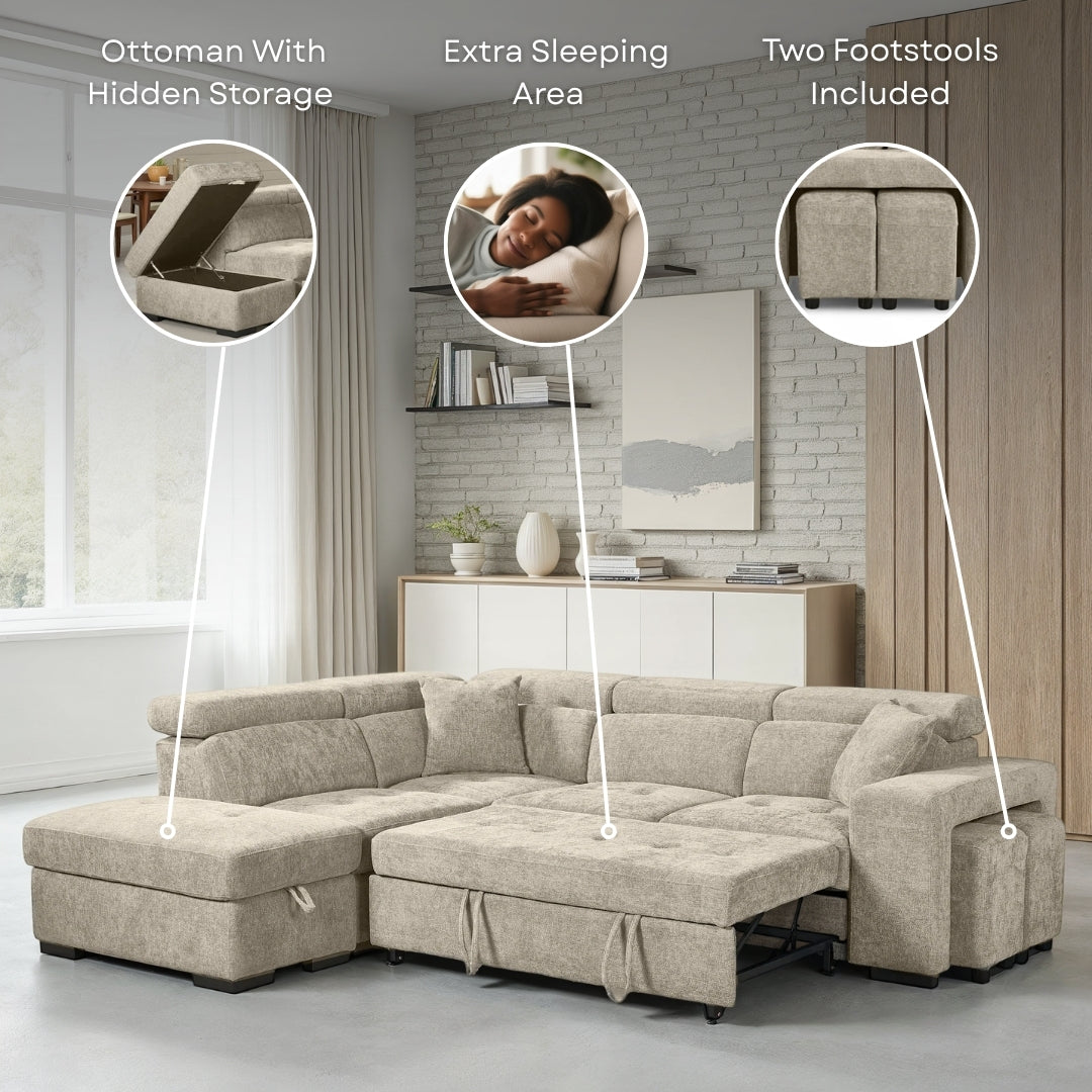 Grey Chenille Fabric 1C2 Corner Sofabed with Storage and Ottomans AMELIA