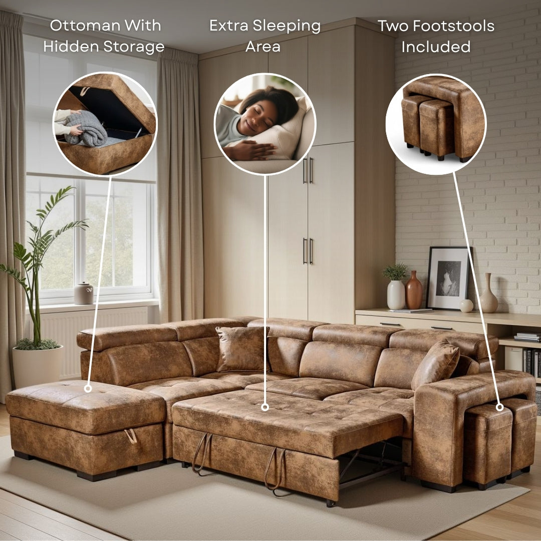 Faux Leather Suede Brown 1C2 Corner Sofabed with Storage and Ottomans AMELIA