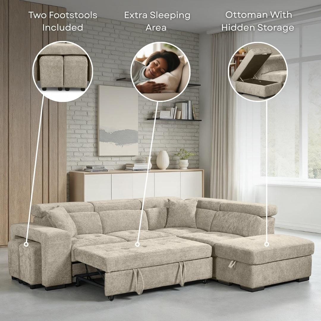 Beige Chenille Fabric 2C1 Corner Sofabed with Storage and Ottomans AMELIA