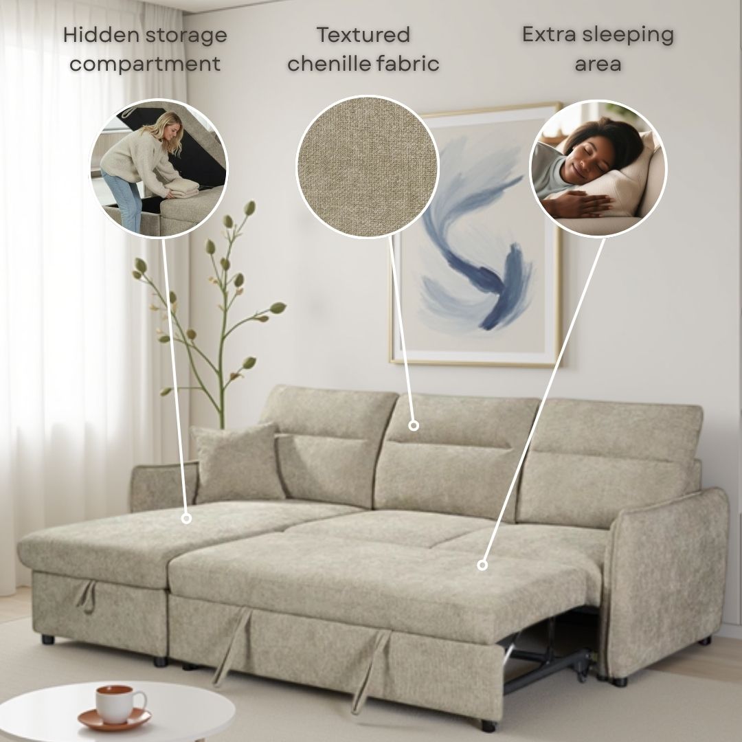 Grey Chenille Fabric 1C2 Corner Sofabed with Storage ARCHIE
