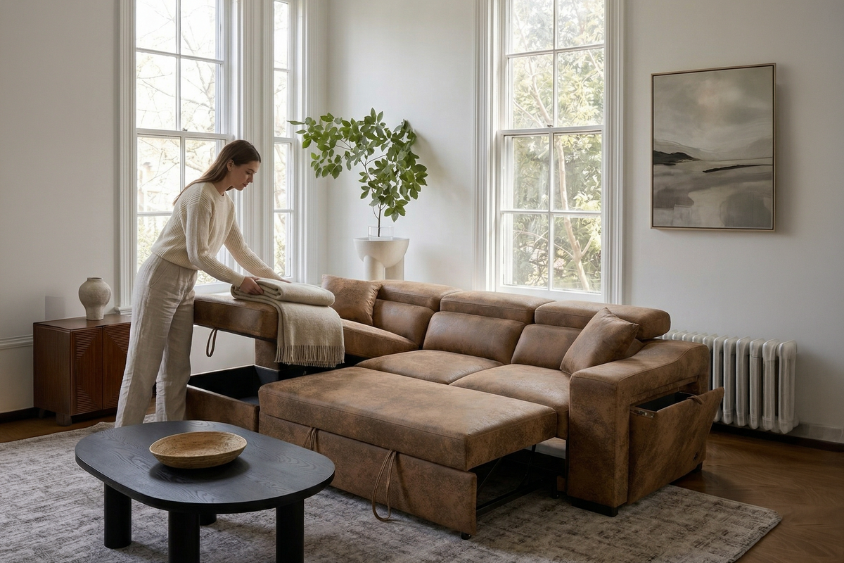 Faux Leather Suede Brown 1C2 Corner Sofabed with Storage ARTHUR