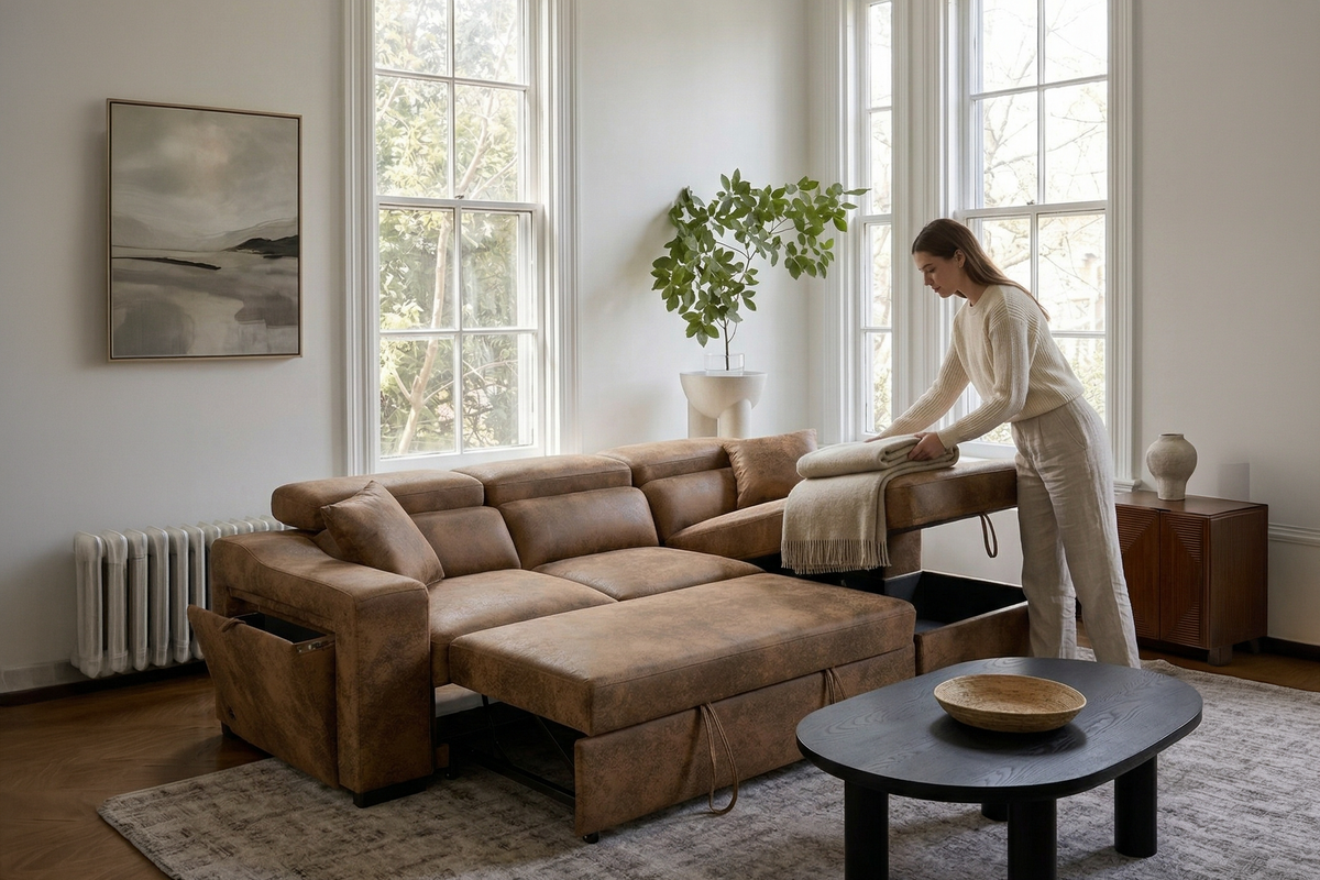 Faux Leather Suede Brown 2C1 Corner Sofabed with Storage ARTHUR