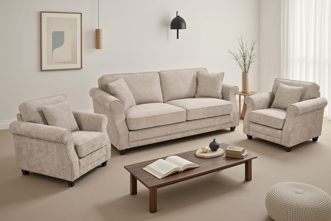 Beige Chenille 3 + 1 + 1 Seater Sofa Set HUGO
