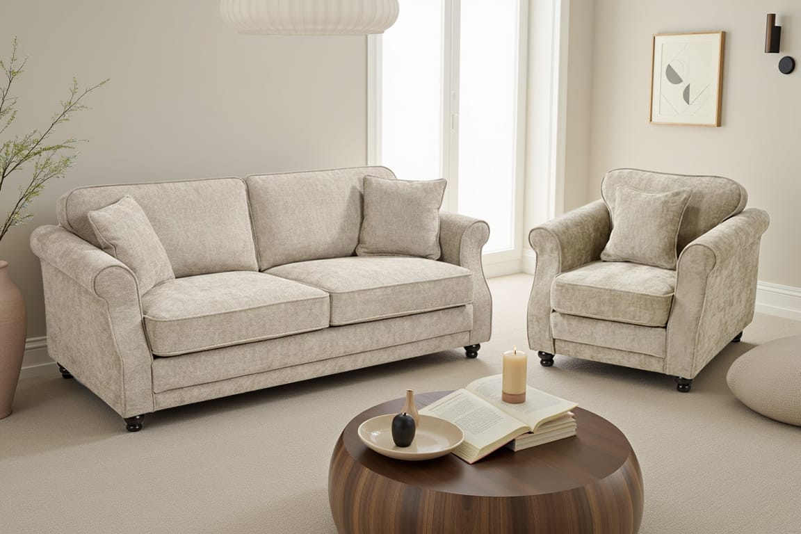 Beige Chenille 3 + 1 Seater Sofa Set HUGO