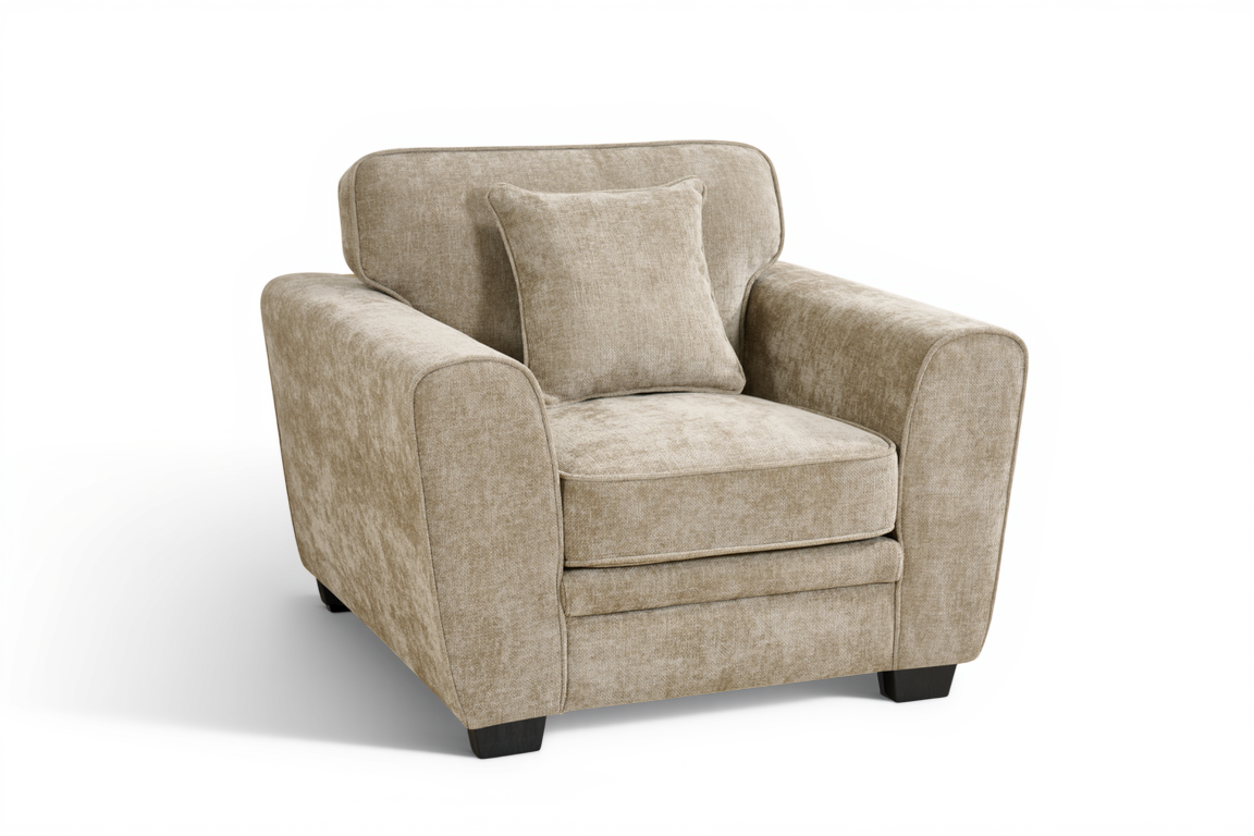 beige 1 seater sofa with extra comfortable soft filling and and accent cushion with fixed back upholstered in beige chenille