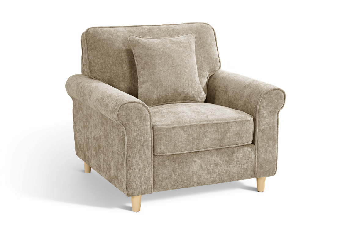 Beige chenille one seater sofa on white background