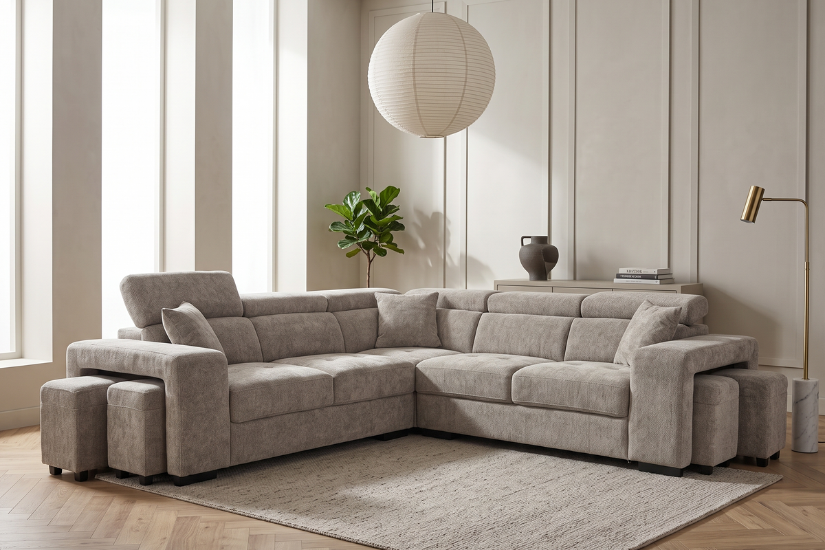 Beige Chenille Fabric 2C2 Amy Corner Sofa with adjustable clic-clac headrests, matching ottomans and modern wide armrests in a living room setting