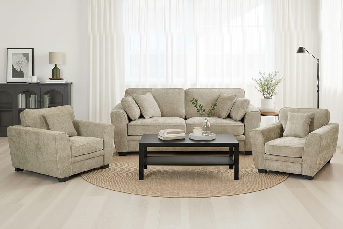 Beige Chenille Fabric 3 + 1 + 1 Seater Sofa Set BERTIE