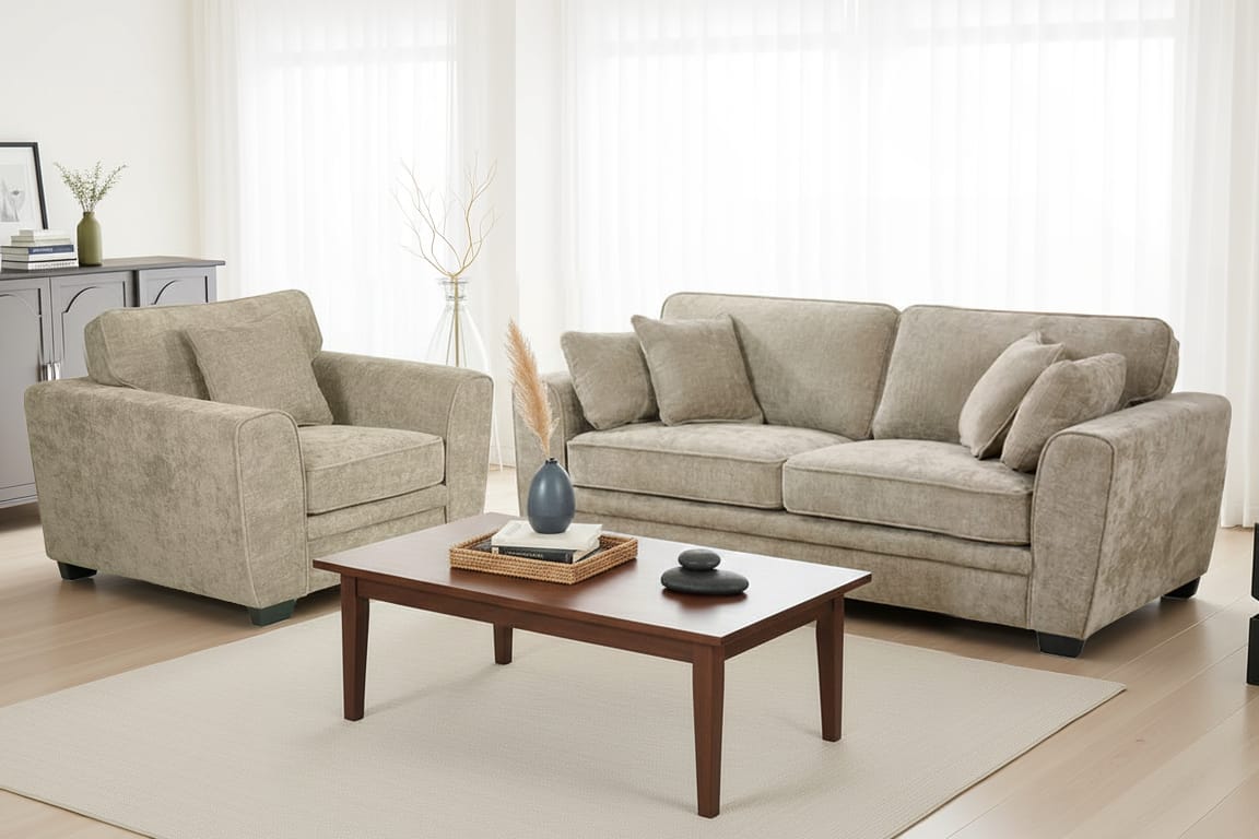 beige 3 seater + 1 seater sofa set with extra comfortable soft filling and four accent cushions with fixed back upholstered in beige chenille