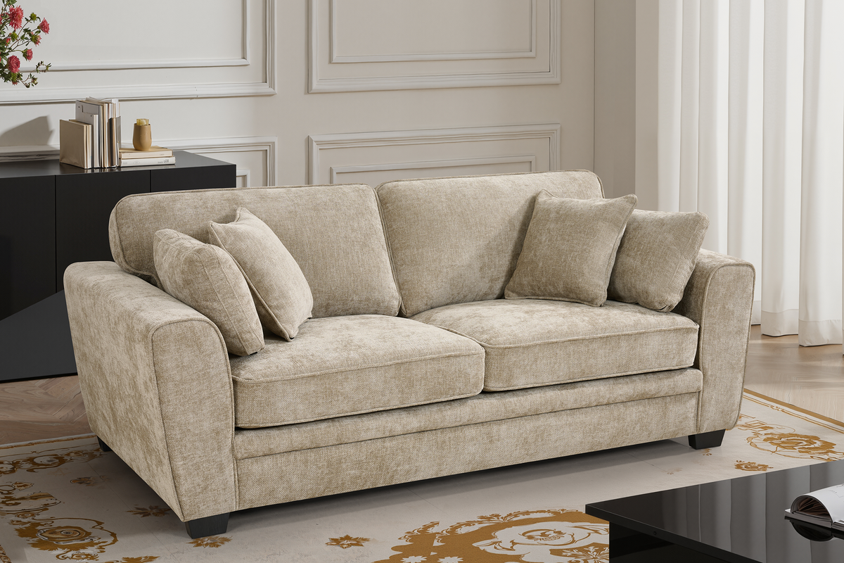 beige 3 seater sofa with extra comfortable soft filling and four accent cushions with fixed back upholstered in beige chenille in a living room