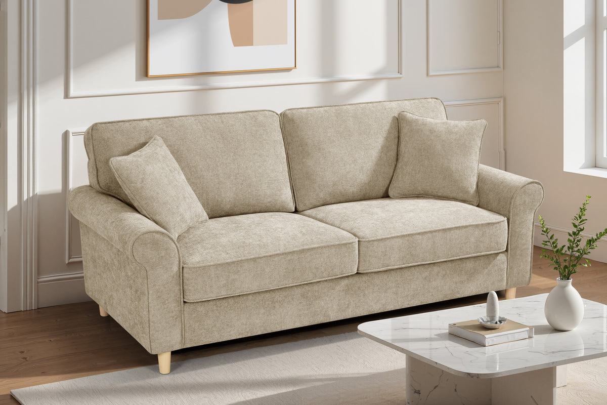 Beige Chenille Fabric 3 Seater Sofa with accent cushions in a living room