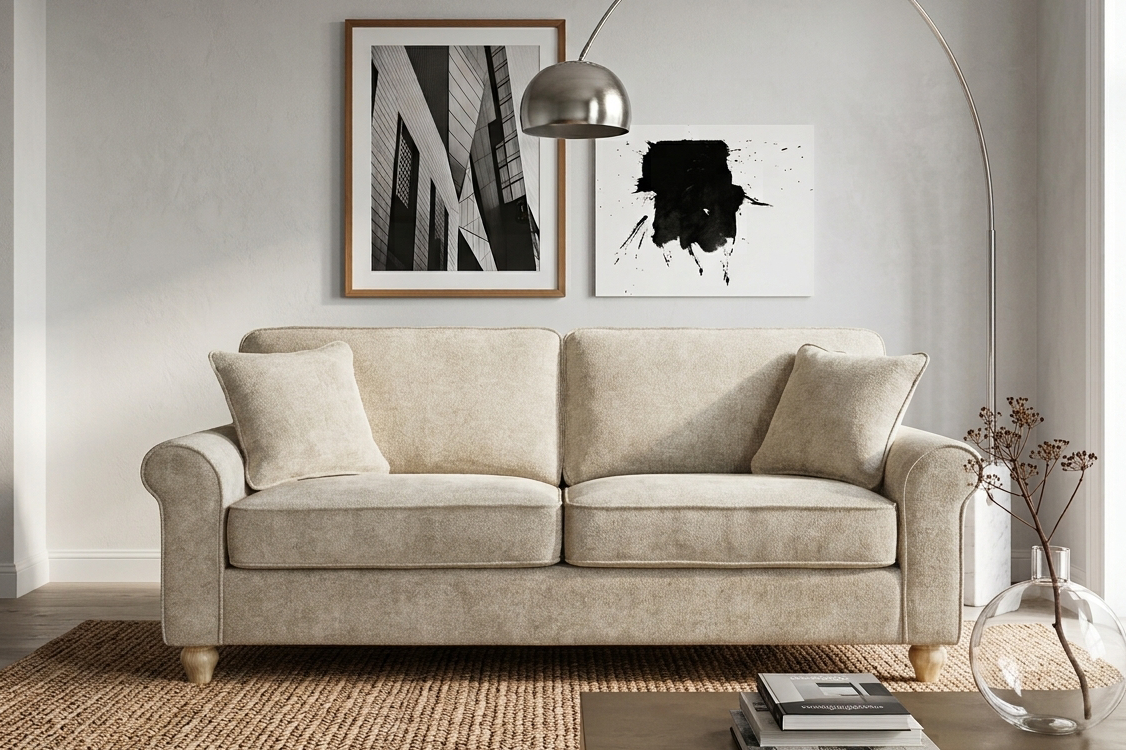 Beige Chenille Fabric 3 Seater Sofa with Round Legs FREDDIE