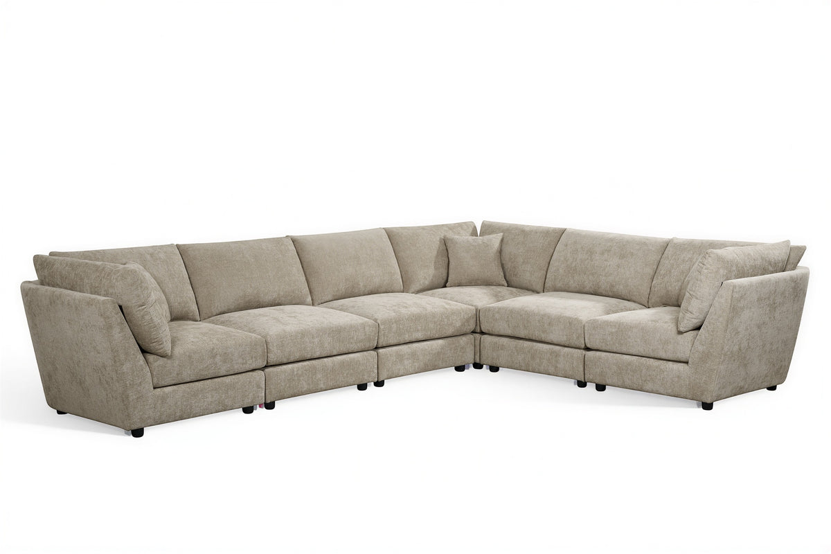 Beige Chenille Fabric 6 Seater Modular Corner Sofa MADDIE