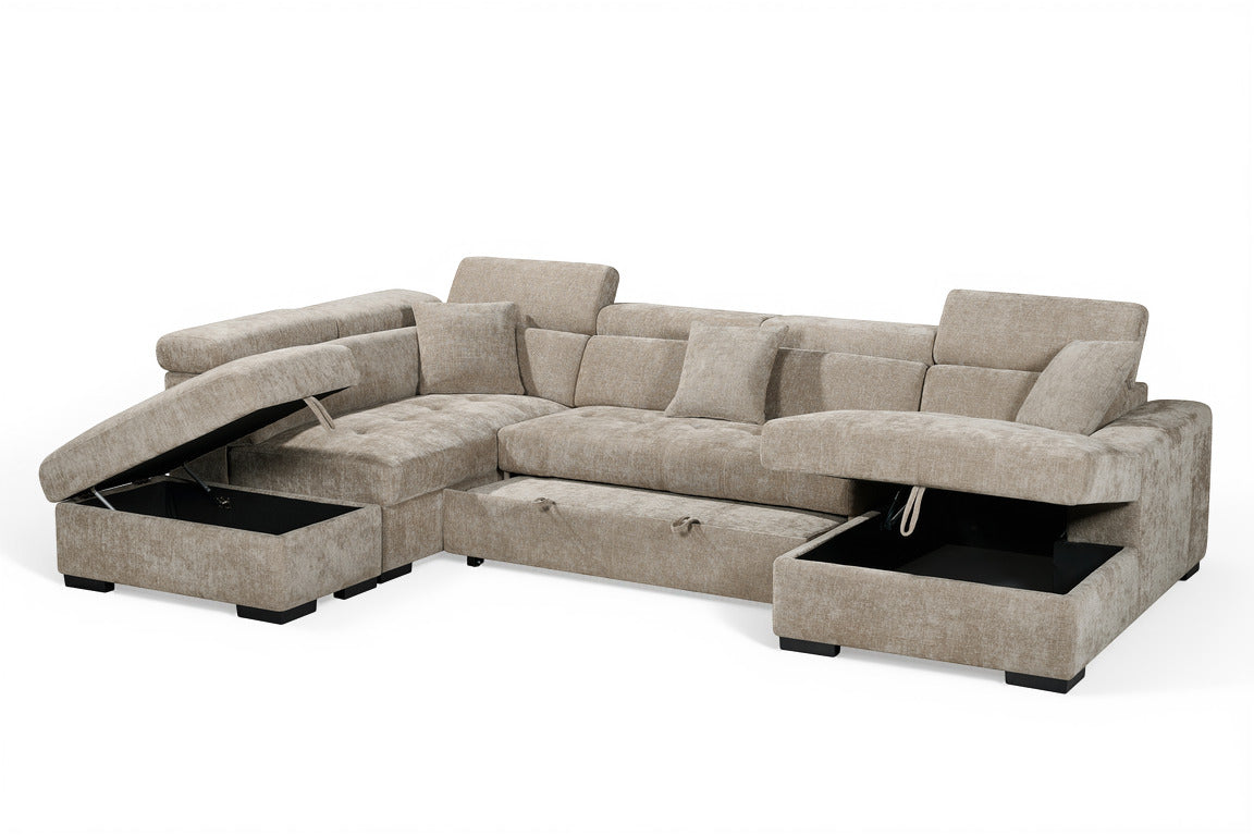 Beige Chenille Fabric Left Hand Facing U-Shaped Sofa Bed with Storage AUGUSTA