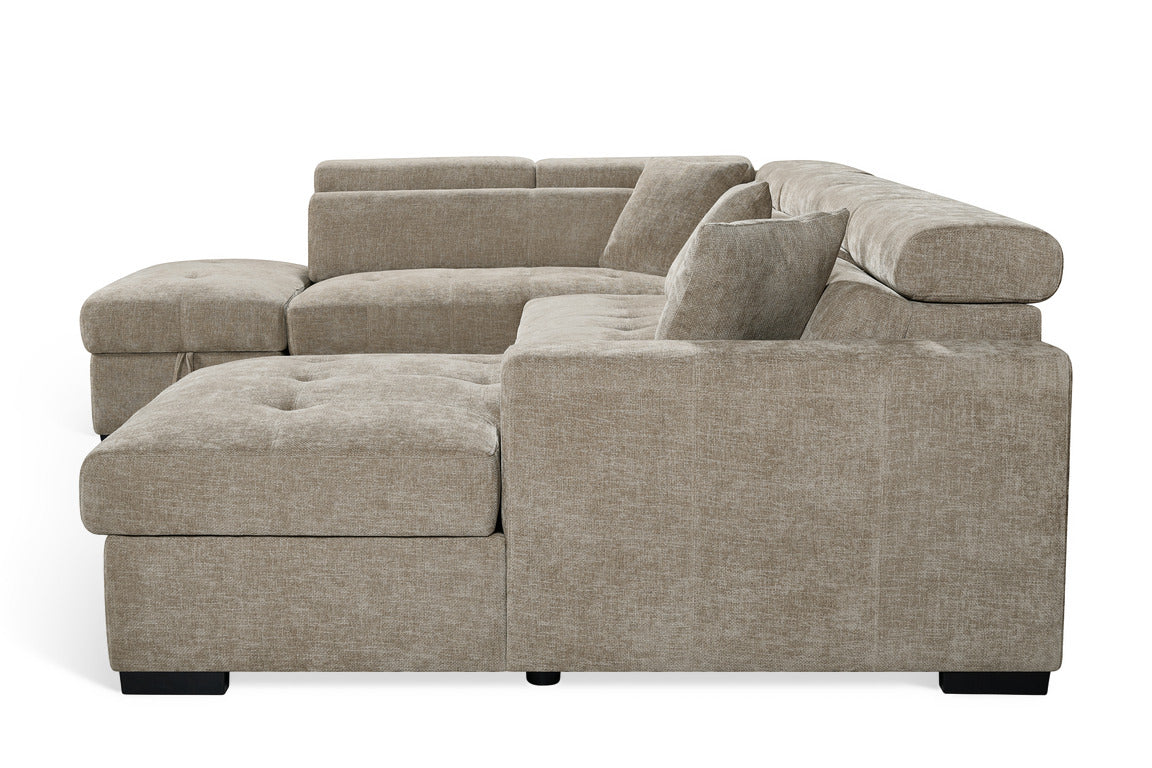 Beige Chenille Fabric Left Hand Facing U-Shaped Sofa Bed with Storage AUGUSTA