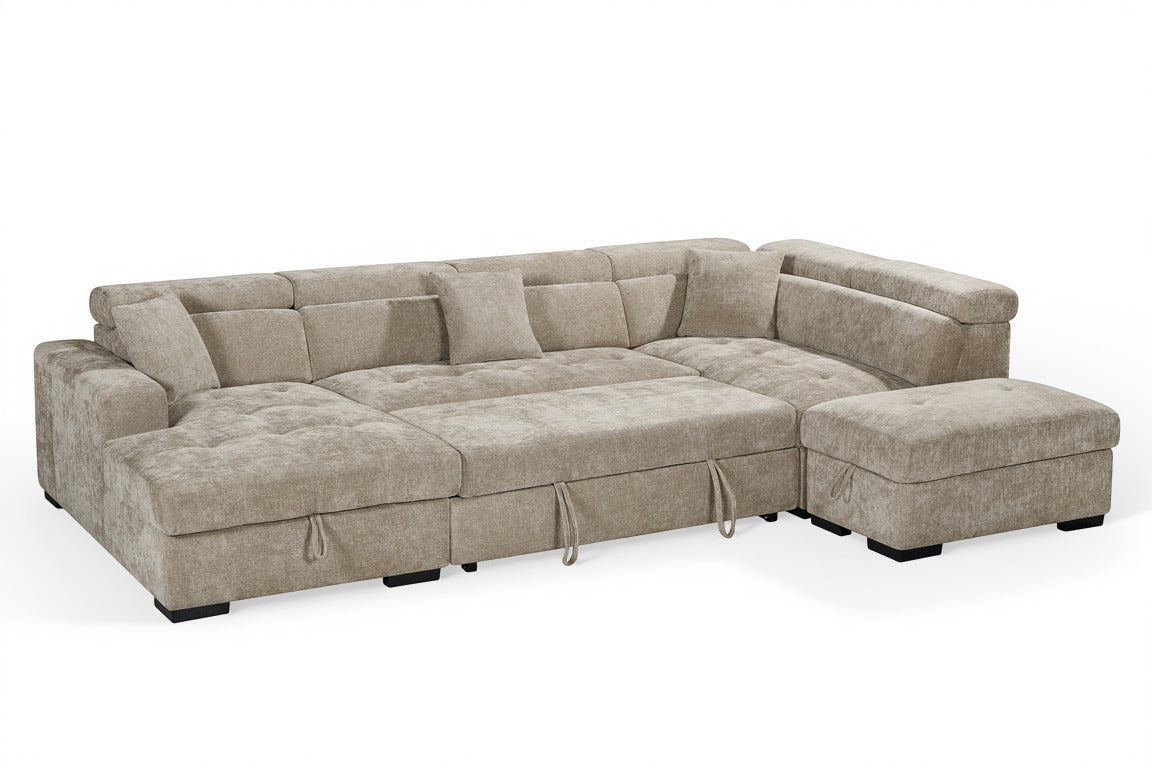 Beige Chenille Fabric Right Hand Facing U-Shaped Sofa Bed with Storage AUGUSTA