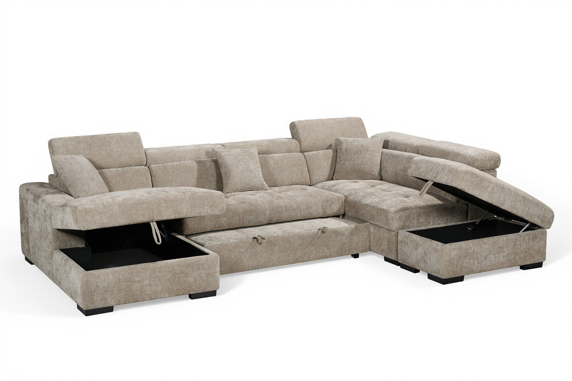 Beige Chenille Fabric Right Hand Facing U-Shaped Sofa Bed with Storage AUGUSTA