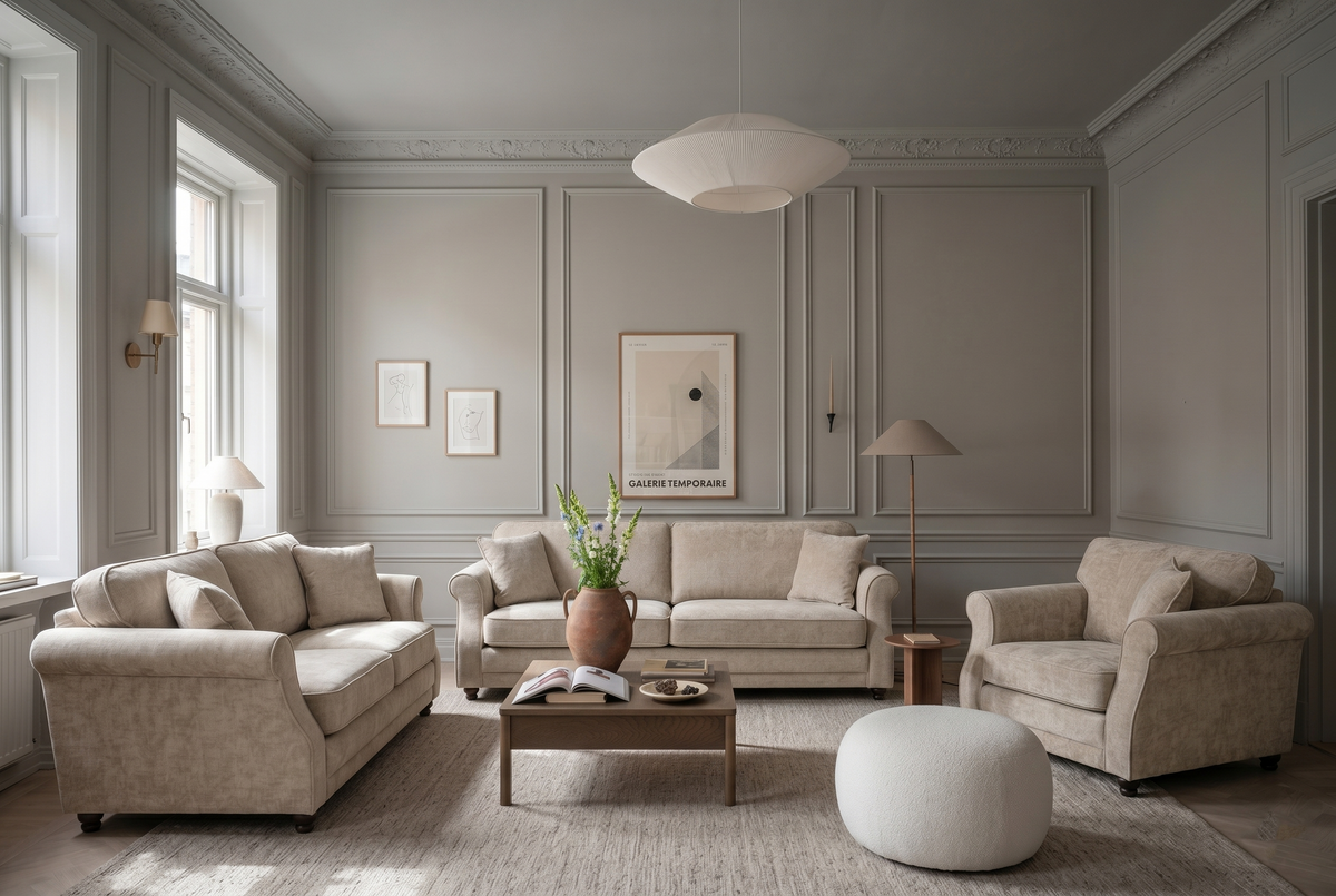 Beige Chenille 3 + 2 Seater Sofa Set HUGO