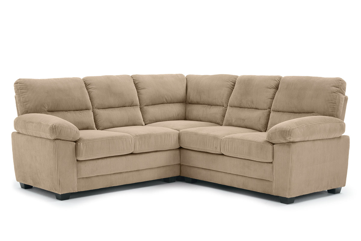 modern 5 seater corner sofa upholstered in wide-wale beige jumbo cord with wooden legs, front angle.