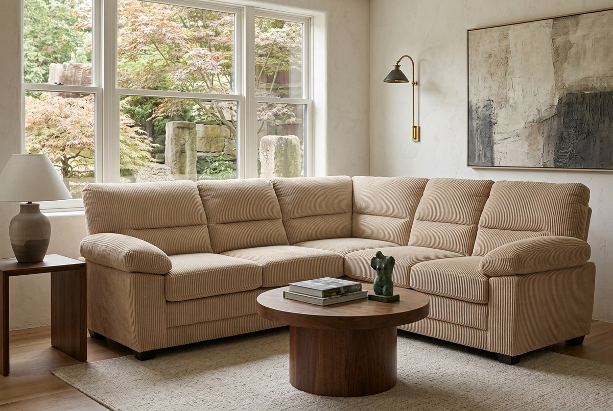 modern 5 seater corner sofa upholstered in wide-wale beige jumbo cord with wooden legs, in a living room setting.