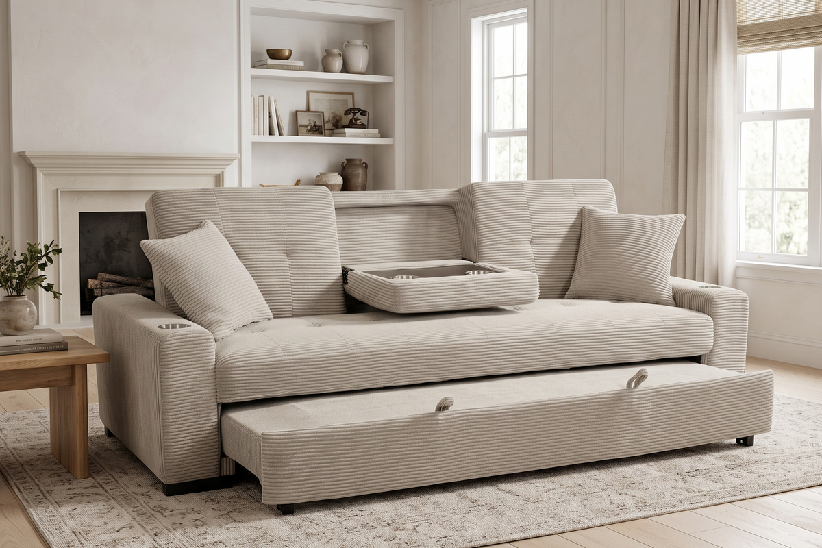 Beige Jumbo Cord 3 Seater Sofabed CHARLES