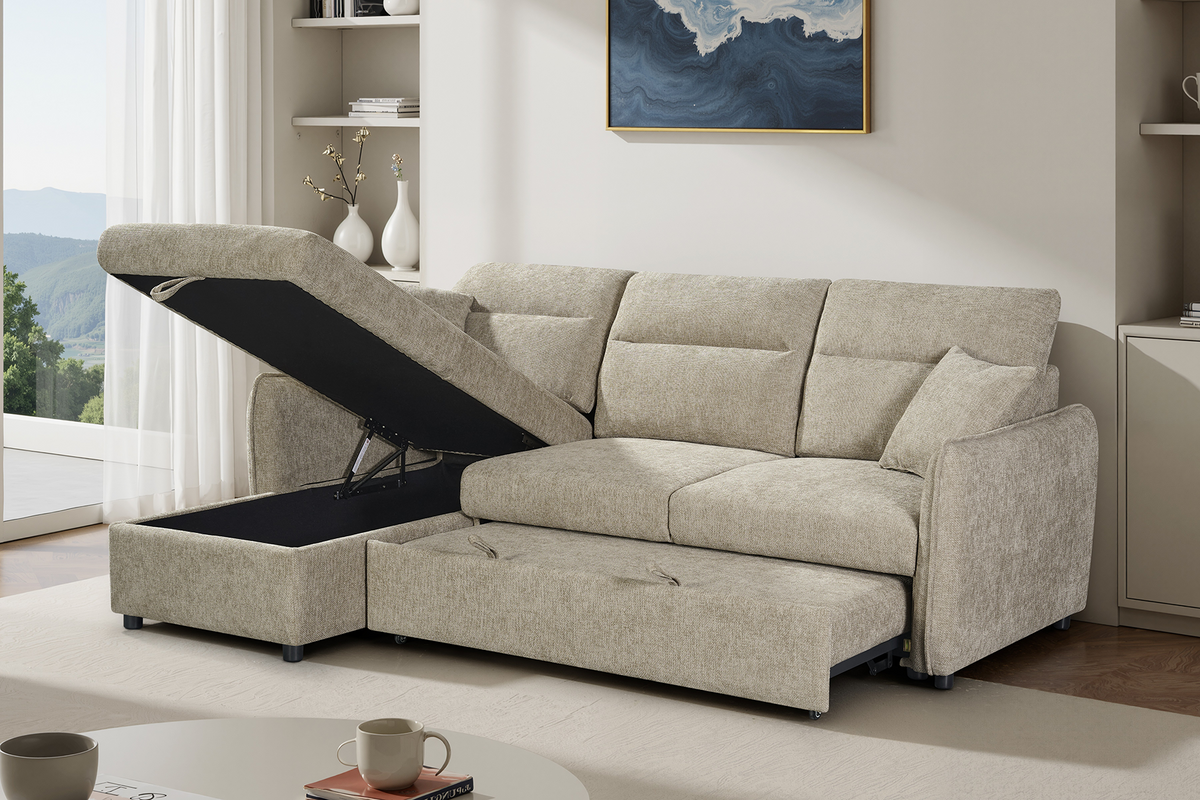 Beige Chenille Fabric 1C2 Corner Sofabed with Storage ARCHIE