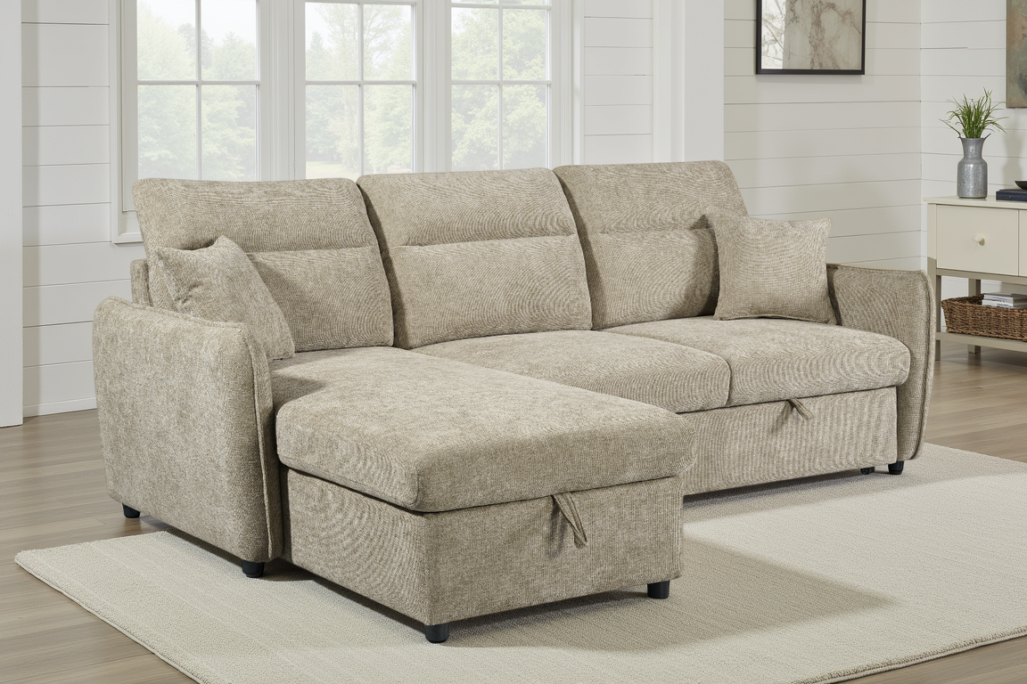 Beige Chenille Fabric 1C2 Corner Sofabed with Storage ARCHIE