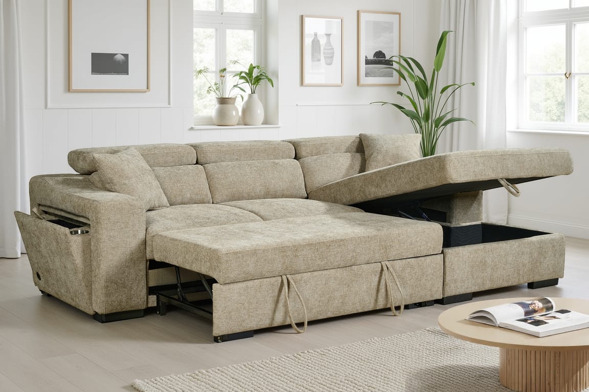 Beige Chenille Fabric 1C2 Corner Sofabed with Storage ARTHUR