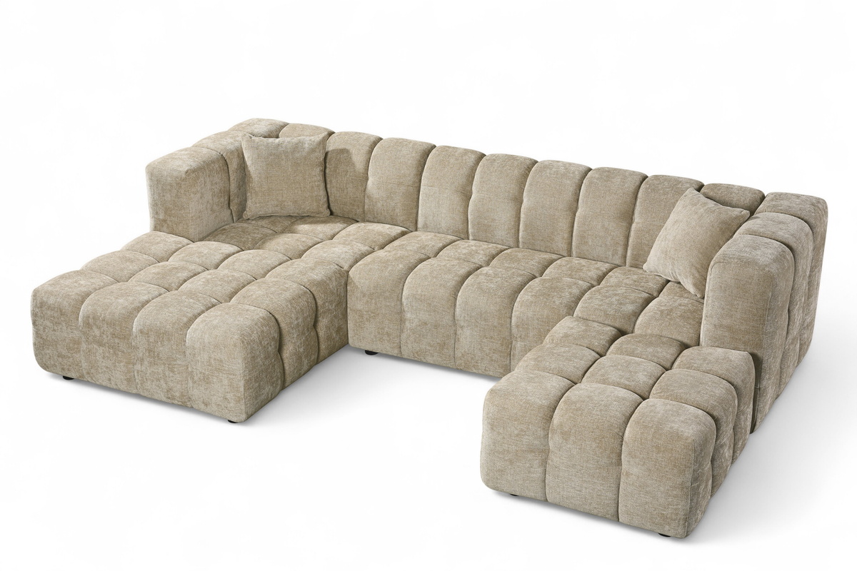 Beige Chenille Fabric Left Hand Facing Corner Sofa with Ottoman LUGANO