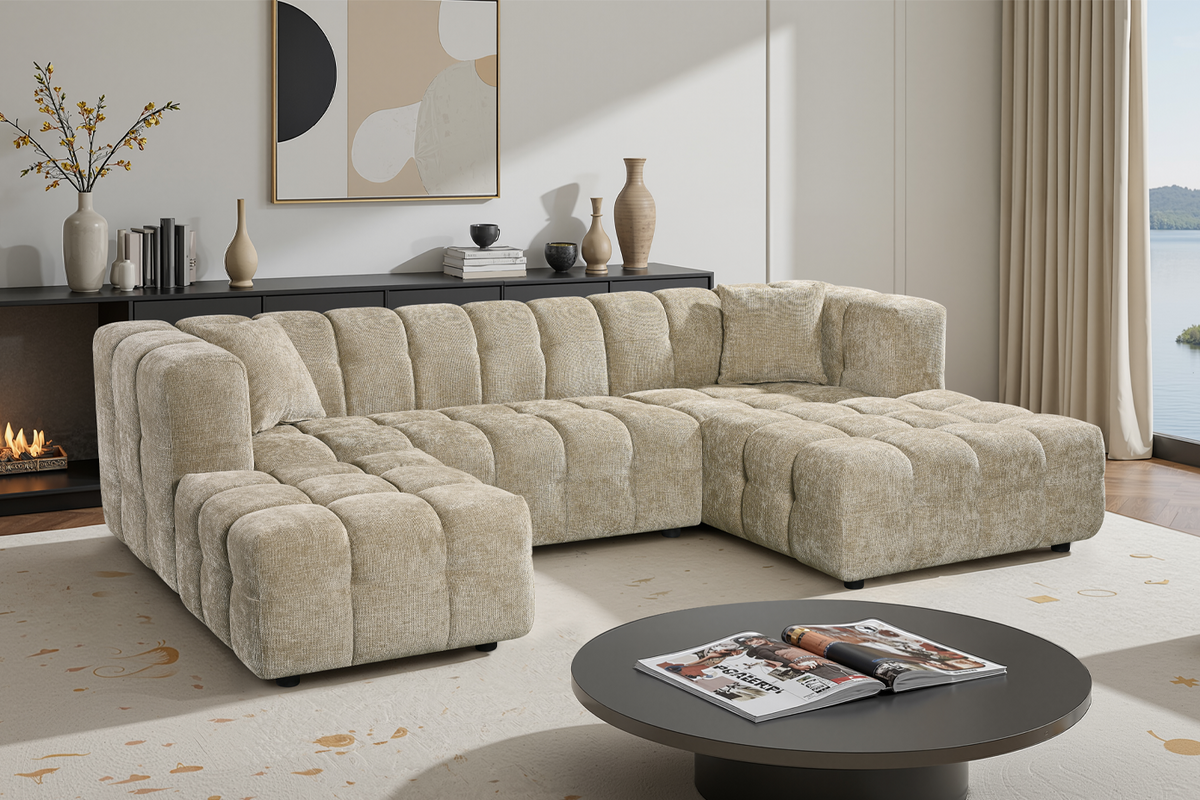 Beige Chenille Fabric Right Hand Facing Corner Sofa with Ottoman LUGANO