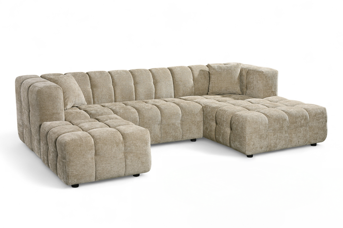 Beige Chenille Fabric Right Hand Facing Corner Sofa with Ottoman LUGANO