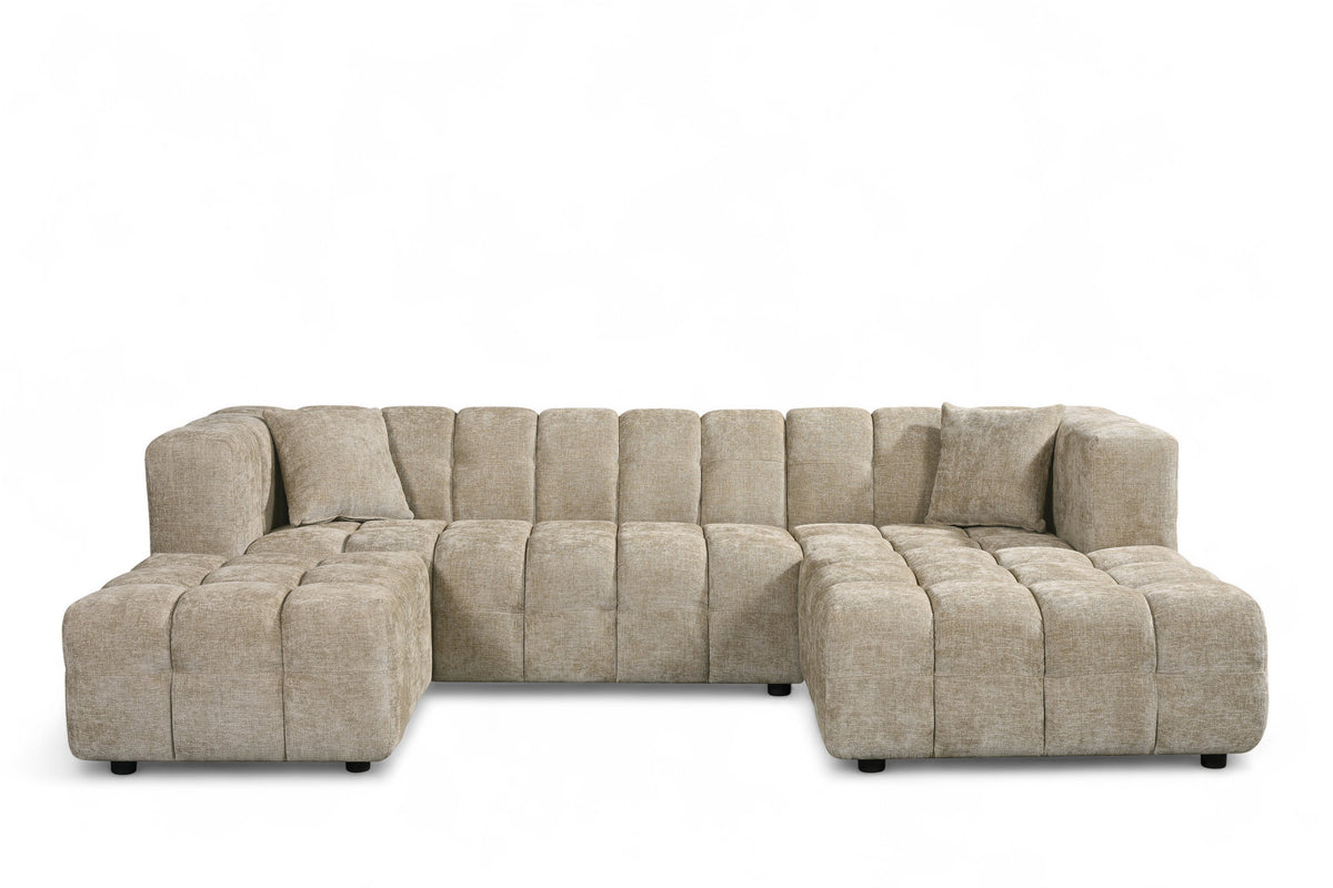 Beige Chenille Fabric Right Hand Facing Corner Sofa with Ottoman LUGANO