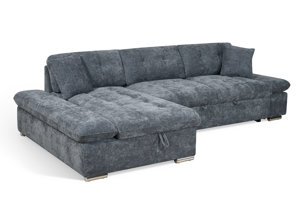 blue chenille corner sofabed with chaise and storage compartment 