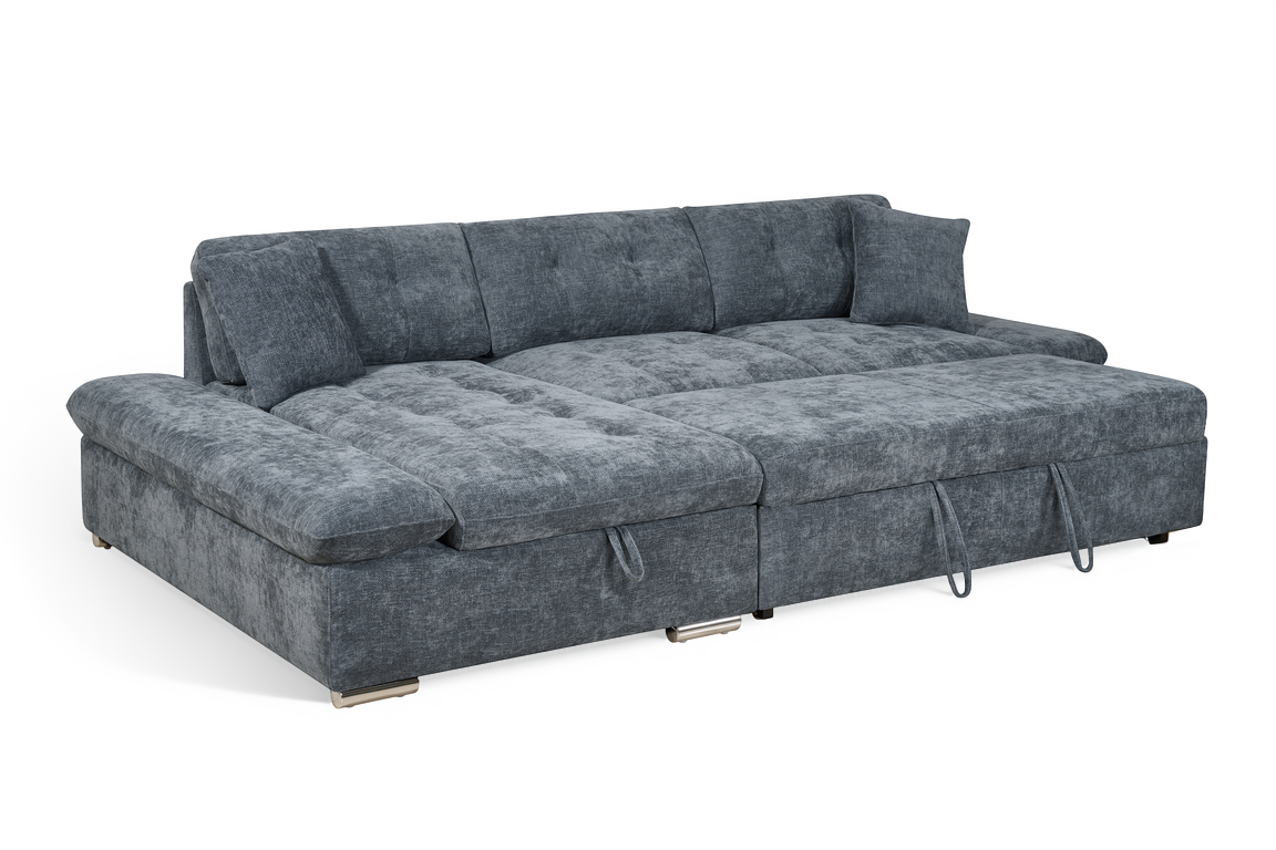 blue chenille corner sofabed with chaise and storage compartment 