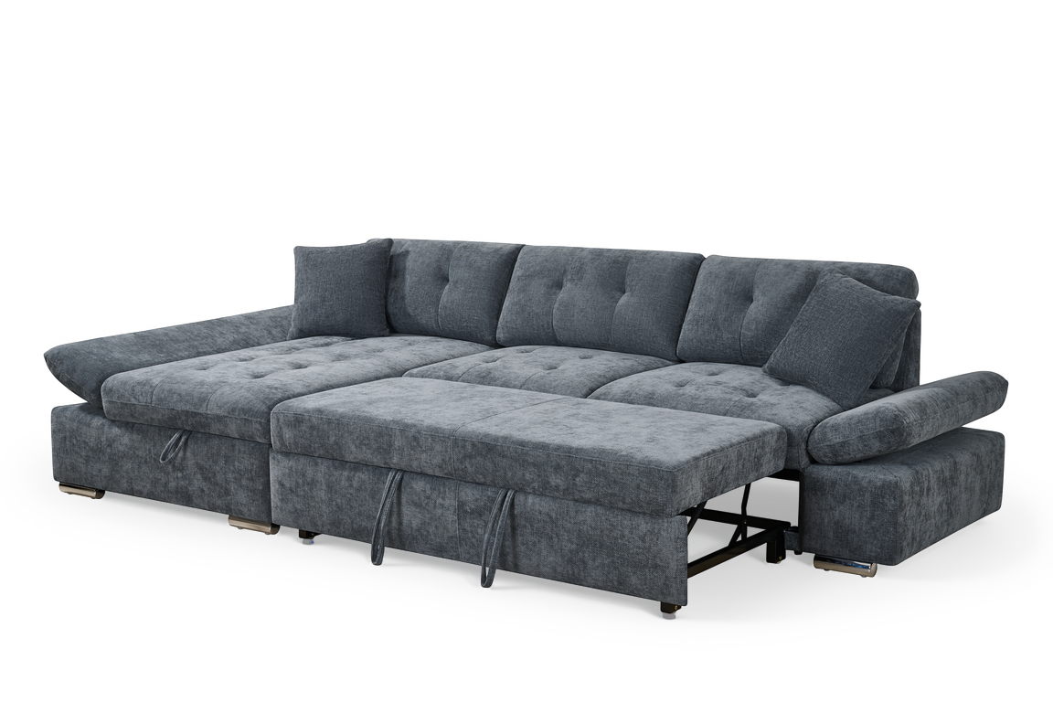 blue chenille corner sofabed with chaise and storage compartment 