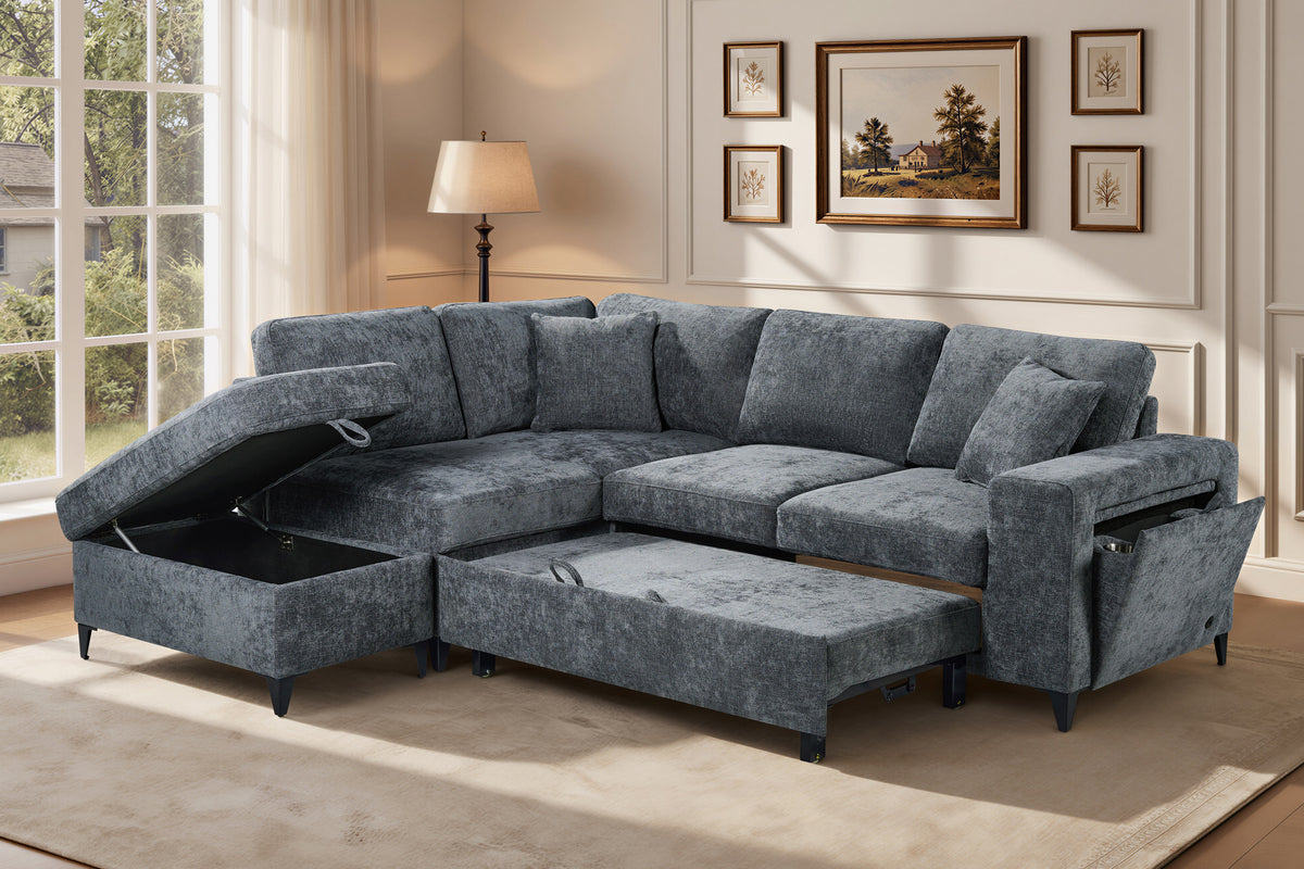 Blue Chenille Fabric 1C2 Corner Sofabed with Storage JAMIE