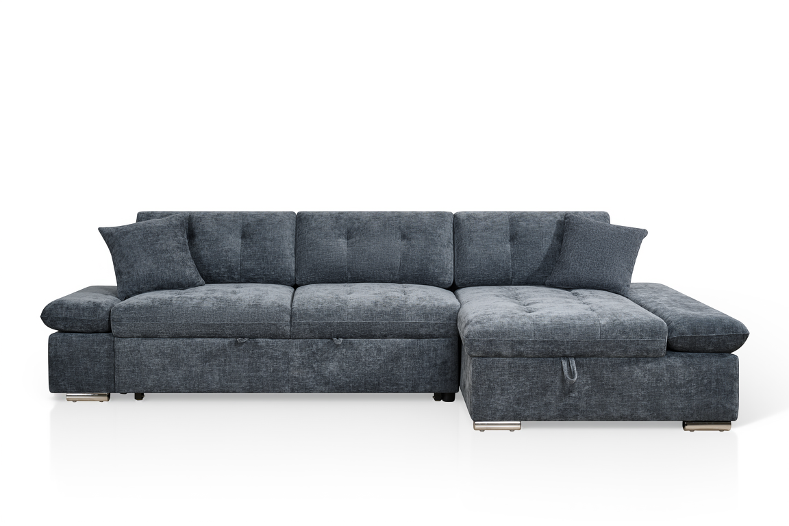 blue chenille corner sofabed with right-hand facing chaise and storage compartment