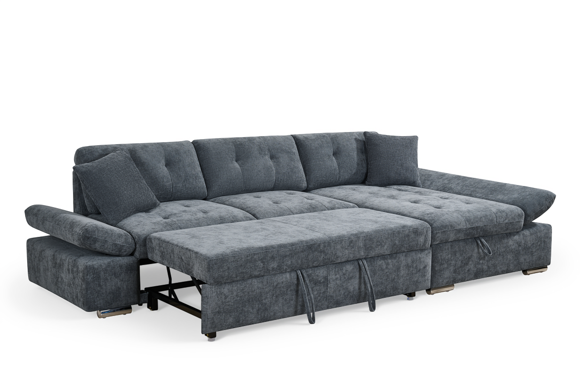 blue chenille corner sofabed with right-hand facing chaise and storage compartment 